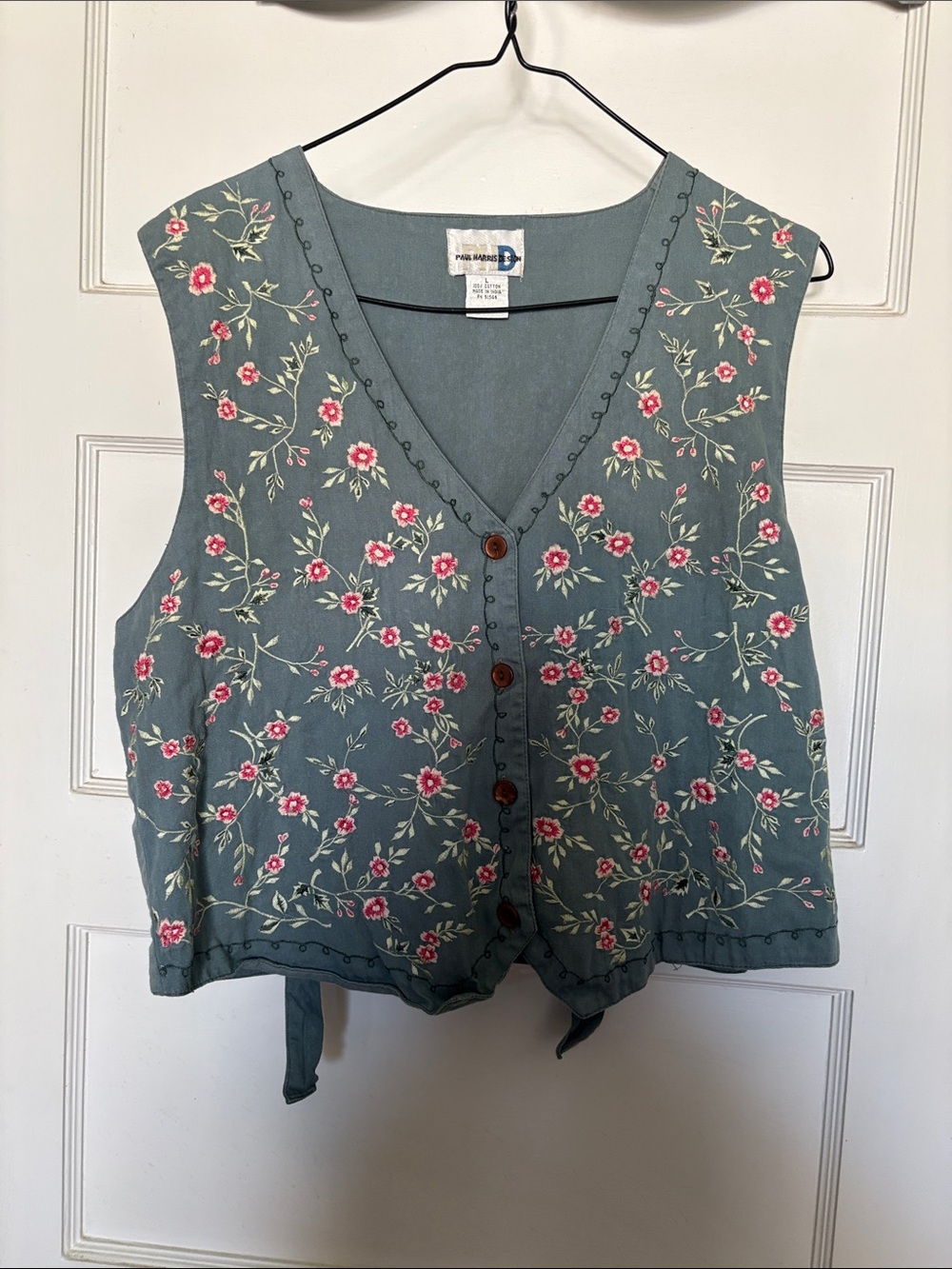 Paul Harris Design Floral Embroidered Button-Front Vest Blue/Gray & Pink Size L